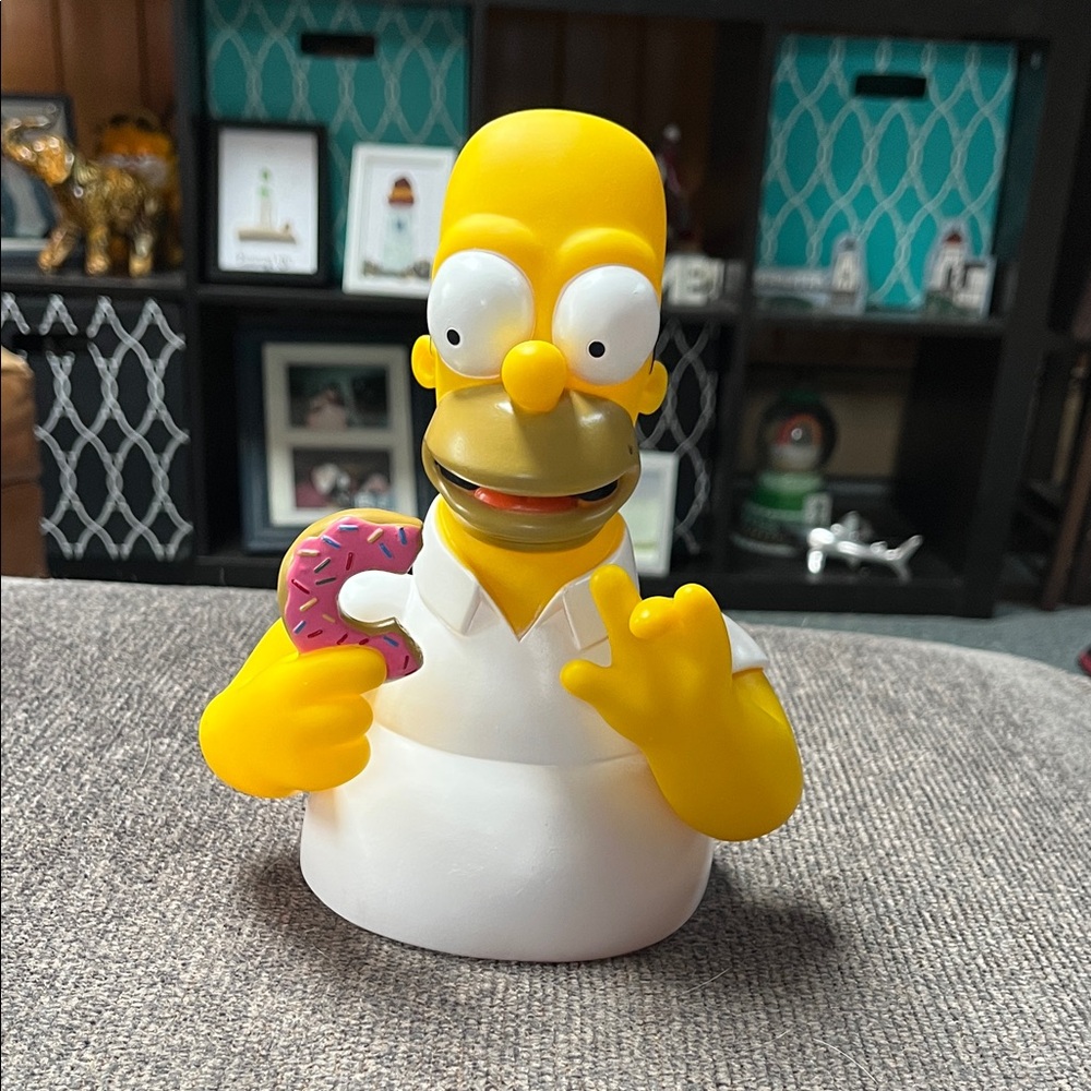 Homer Simpson Yellow and White Cartoon Figurine with Pink Donut Bank